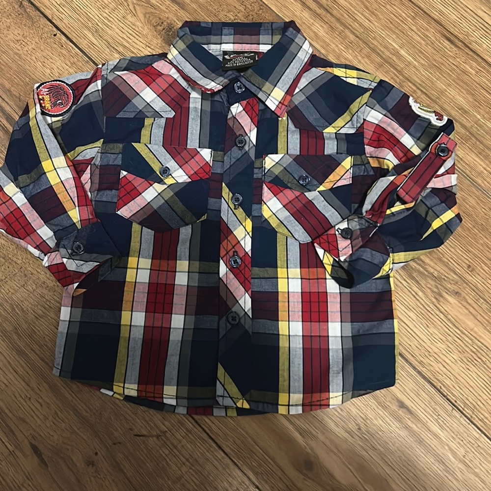 4/$20 Boys American Hero Plaid Shirt Sz 12 mth